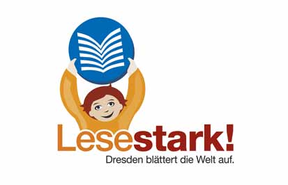 Logo: Lesestark! Dresden blättert die Welt auf.