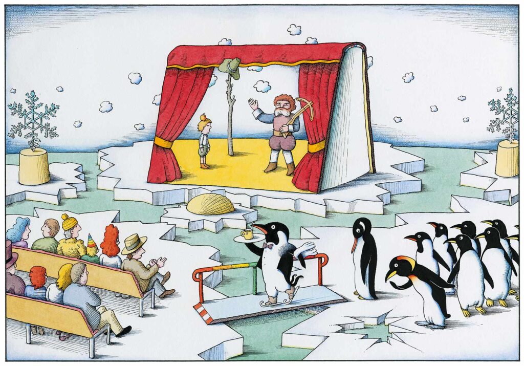 Theateraufführung von Wilhelm Tell auf einer buchförmigen Bühne in Eislandschaft. Publikum sitzt auf Eisscholle und wird von Pinguin bedient. Weitere Pinguine stehen daneben