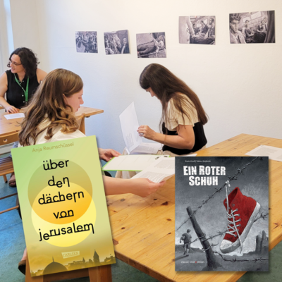 Teilnehmerinnen des Literarischen Abendbrottisches in einem Arbeistraum zu den Büchern "Über den Dächern von Jerusalem" und "Ein roter Schuh"