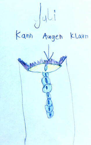 Kinderzeichnung eines Monsters mit vielen Augen: Juli, kann Augen klaun.