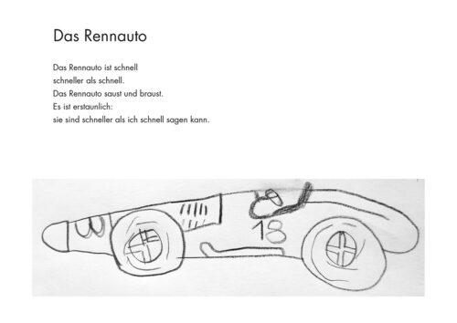 Zeichnung eines Rennautos mit der Nummer 18 unter Kurzgeschichte „Das Rennauto“ von Elisa, 8 Jahre.